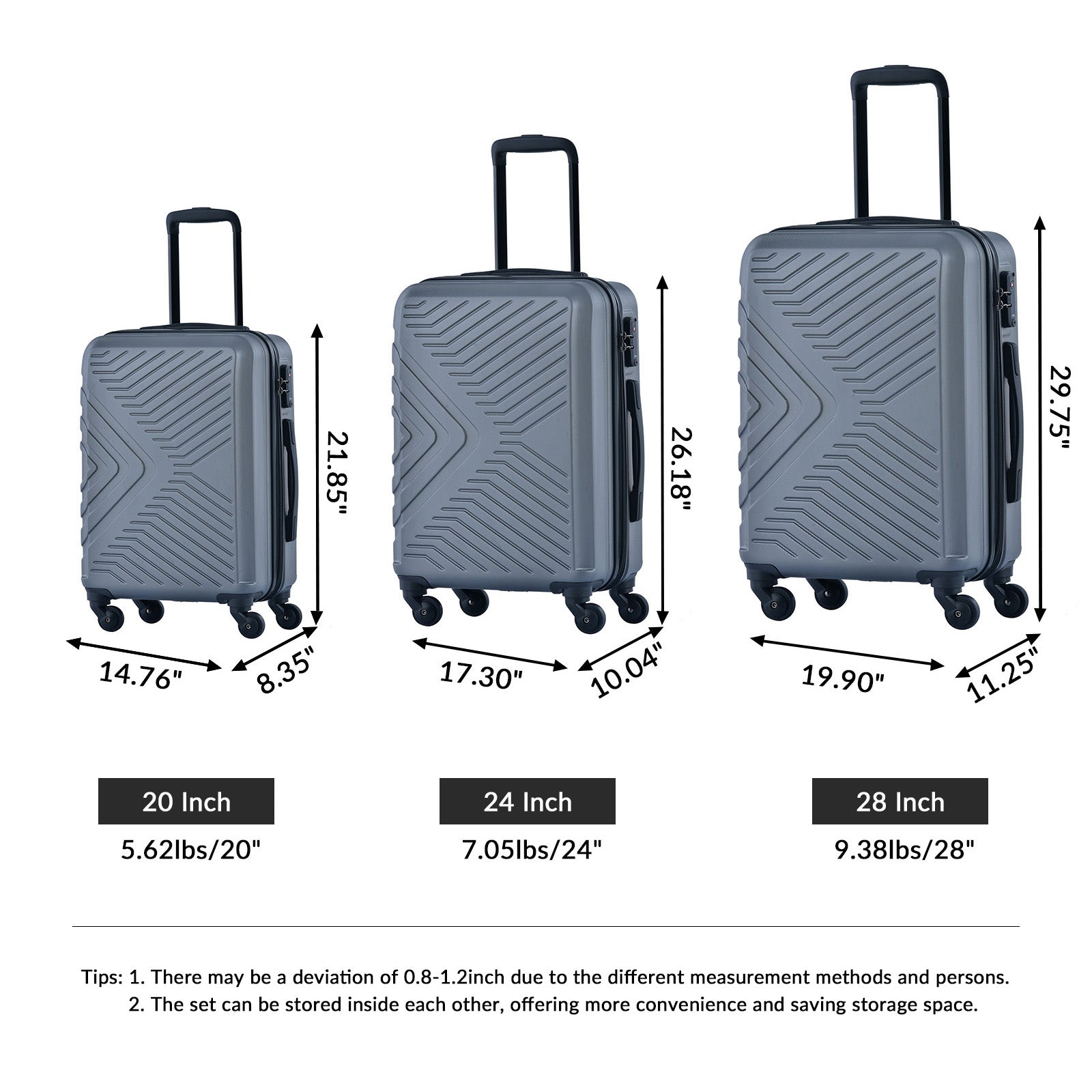 3 Piece Luggage Sets ABS Lightweight Suitcase with Two Hooks, Spinner Wheels, TSA Lock, (20/24/28) Gray