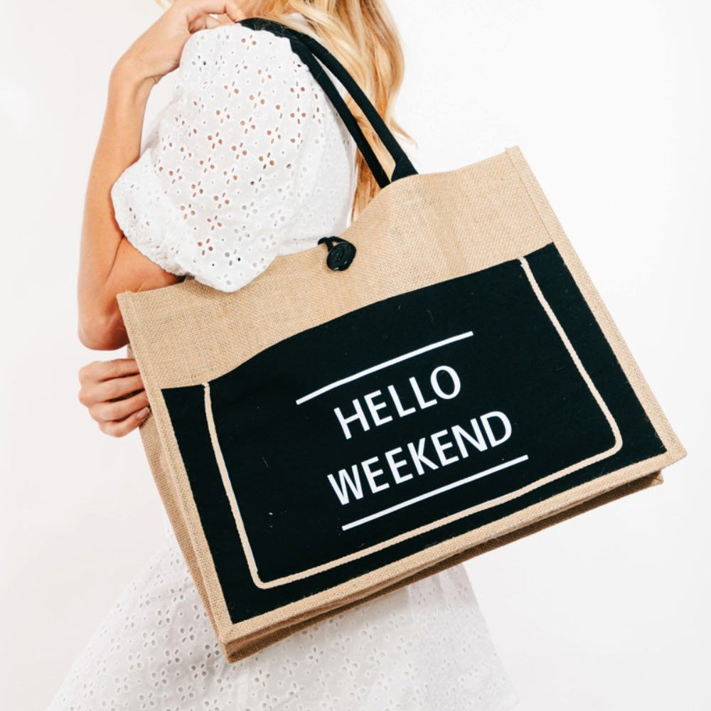 Fame Hello Weekend Burlap Tote Bag